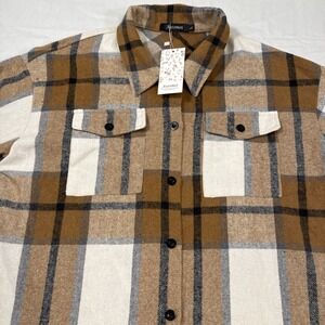 JACKET FLANNEL SHACKET Women LRG Fall Plaid Blouse Oversized L/S Shirt NWT